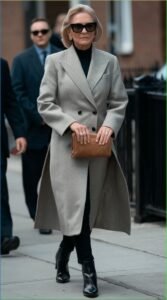 woman wearing grey long coat
